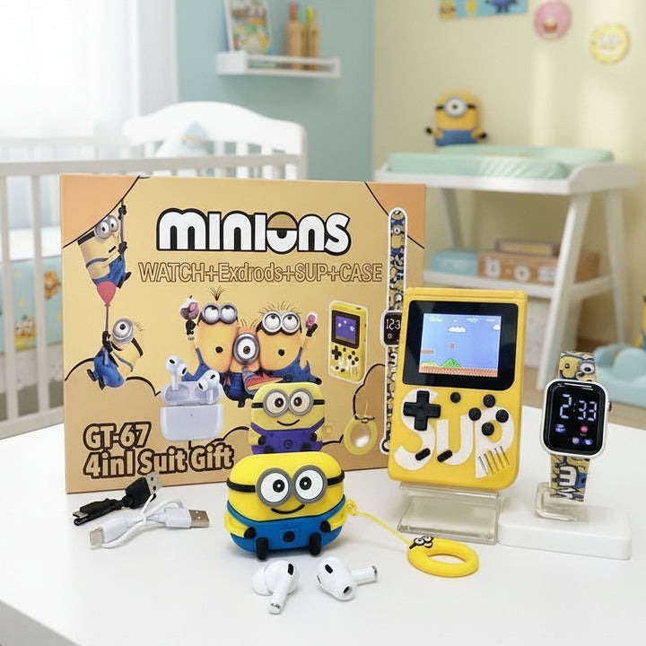 Combo "MINIONS" Copii Mini Consolă Portabilă + Smartwatch Bluetooth + Căști Wireless Airpods – Distracție, Muzică și Jocuri Oriunde
