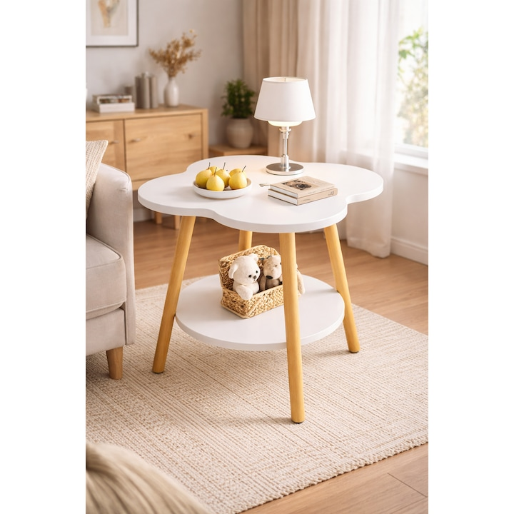 Masuta cafea multifunctionala cu raft blat alb lemn 60x40x48 cm