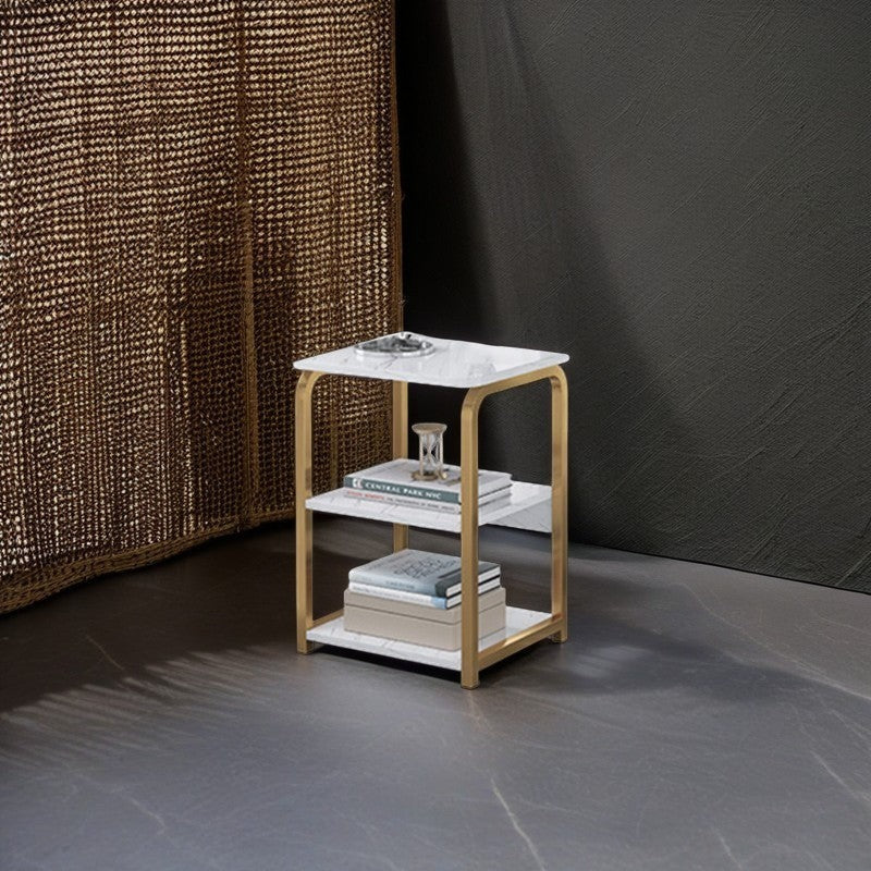 Masuta laterala moderna nordica 3 niveluri alb auriu 62x40x30 cm