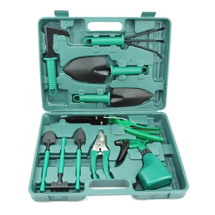 Set unelte gradinarit 10 piese cu valiza foarfeca lopata grebla