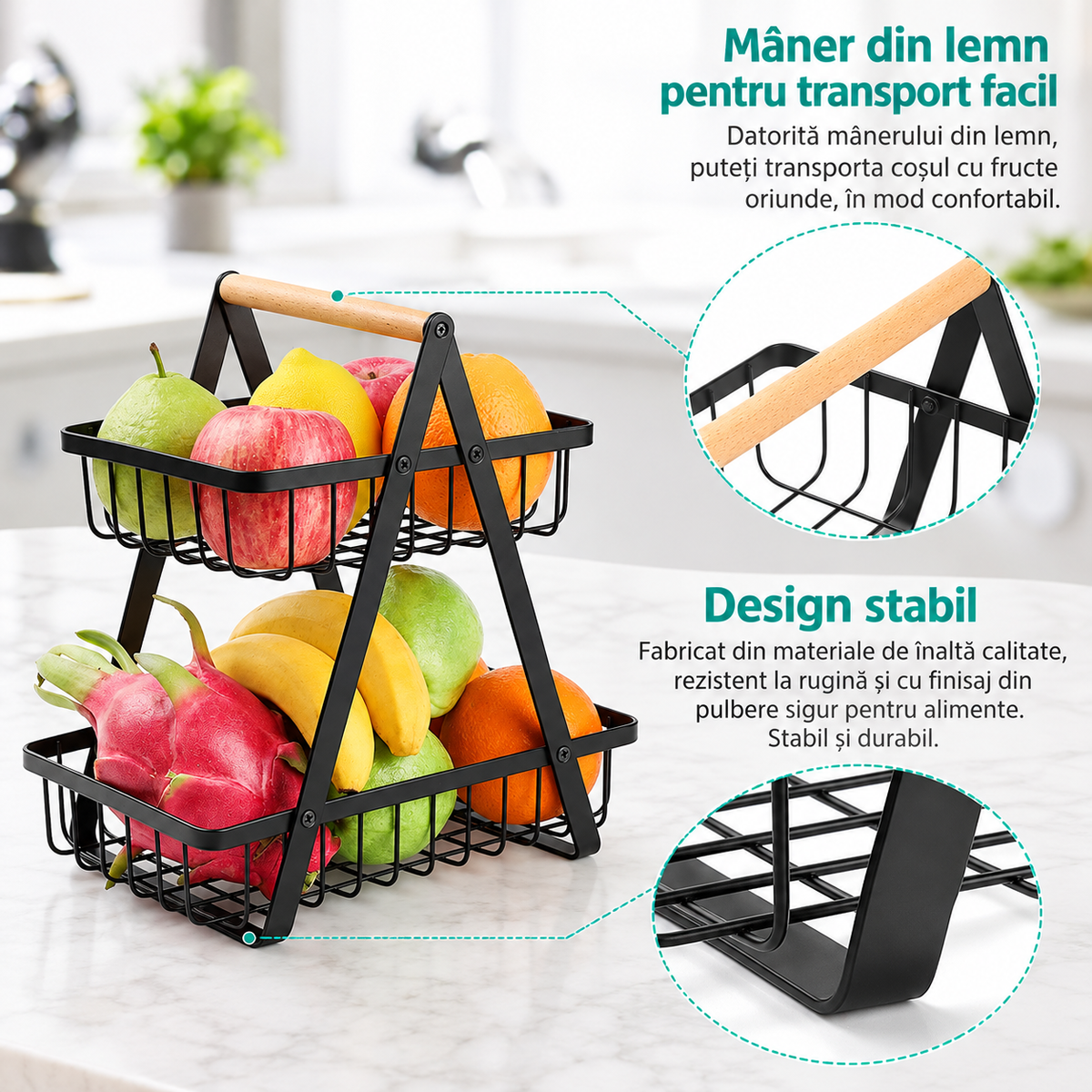 Cos Decorativ Fructe Negru 29 cm, Metalic, 2 Niveluri, Detasabil, Organizator Bucatarie