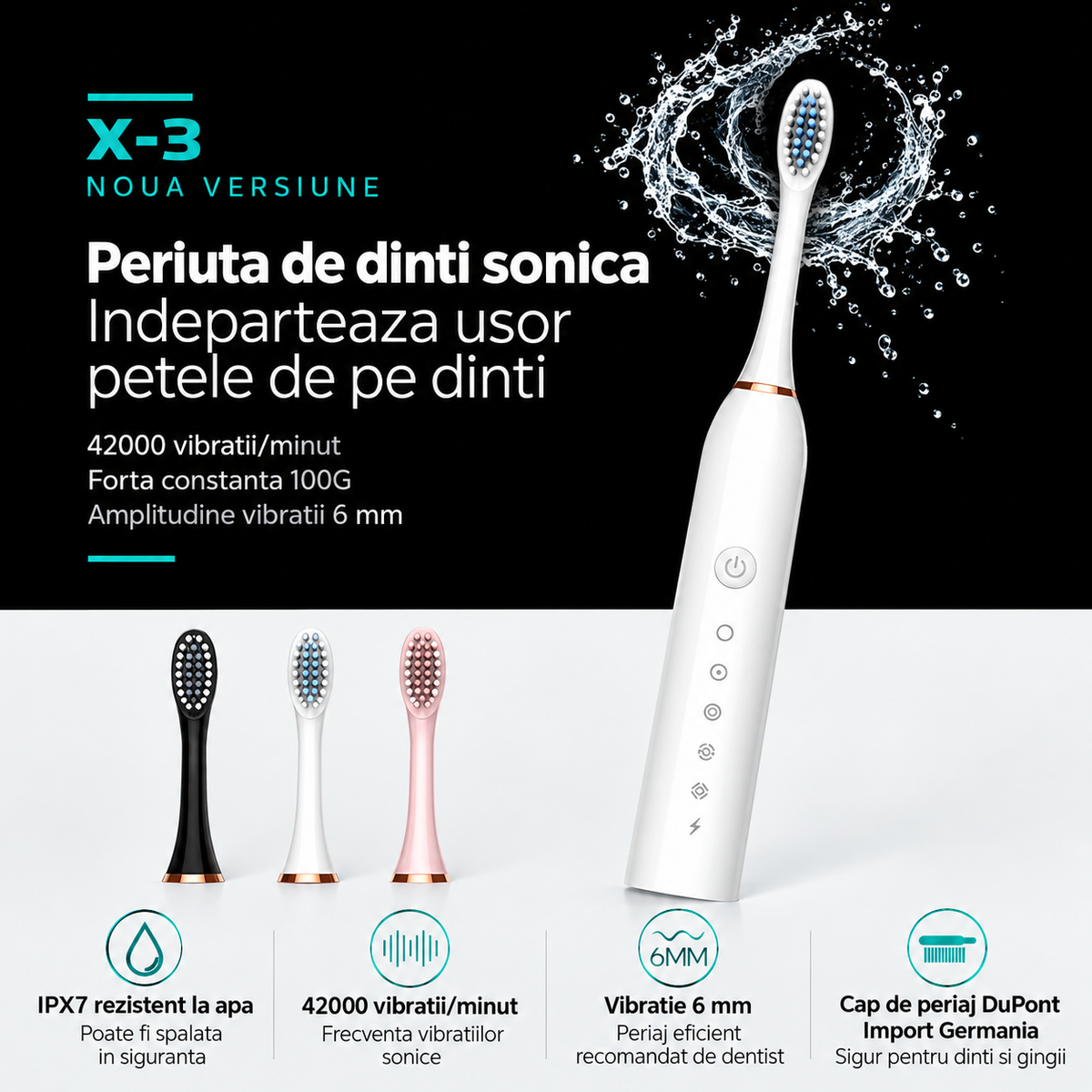 Periuta Electrica Reincarcabila Ultrasonica Adult, 30000 Vibratii, Peri Moi, Travel Friendly