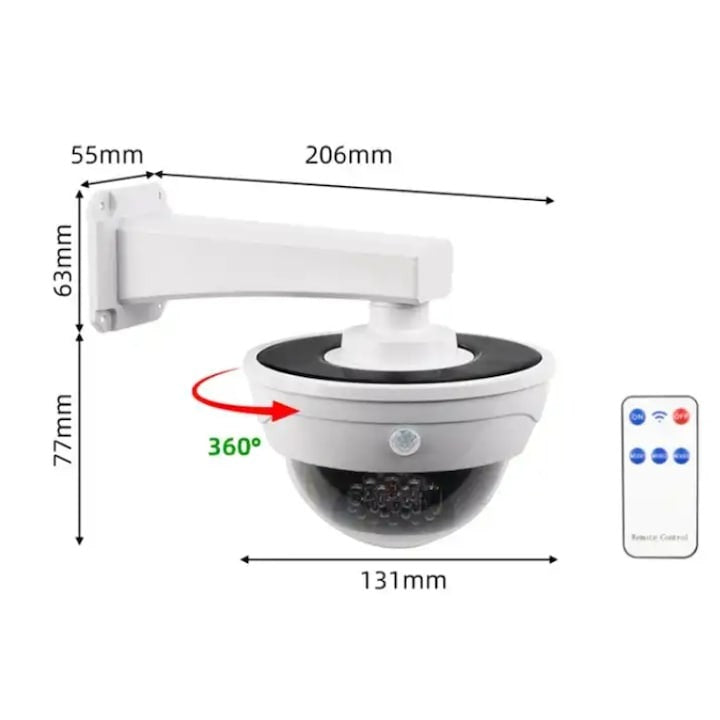 Lampa solara LED cu telecomandă – gen camera falsa, senzor miscare, 3 moduri lumina, IP66, alba