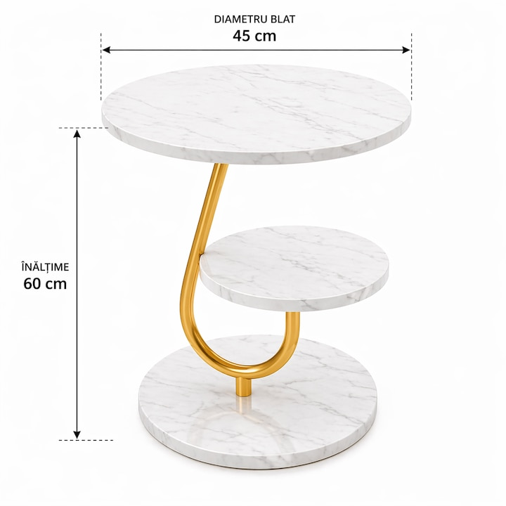 Masuta de Cafea cu Blat Marmura Alba, Cadru Metalic Auriu, Raft Inferior, 45x60 cm