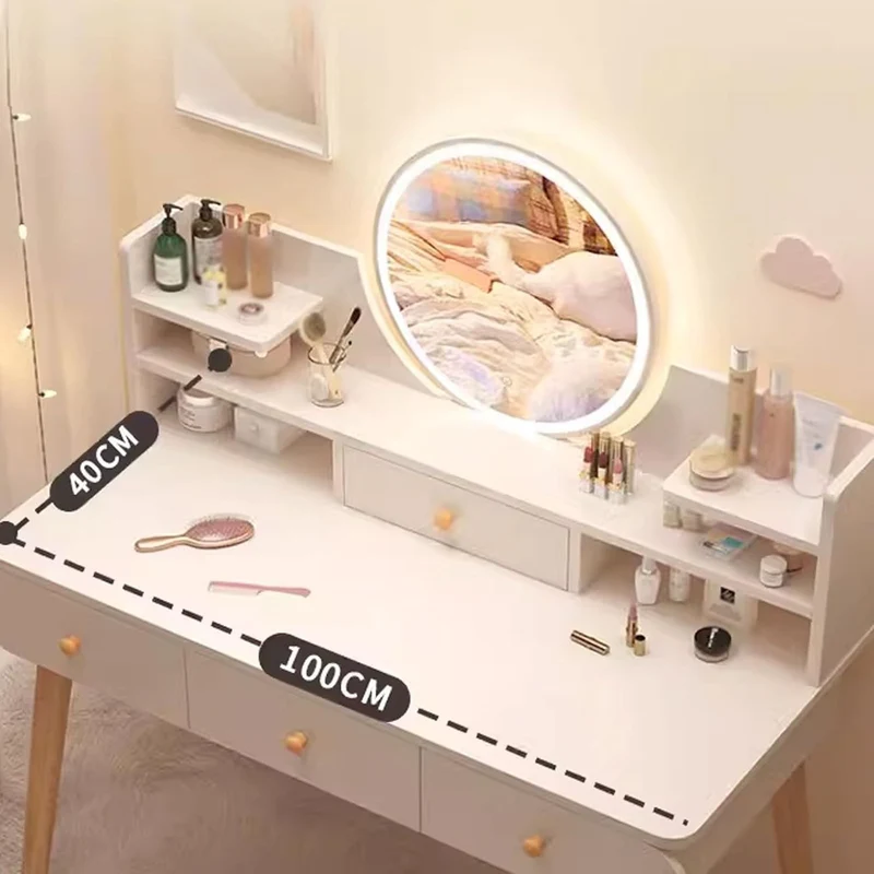 Masa Toaleta cu Oglinda LED Tactila, 3 Lumini, Rafturi si Sertare, MDF Lemn, Alb, 100x120x40 cm