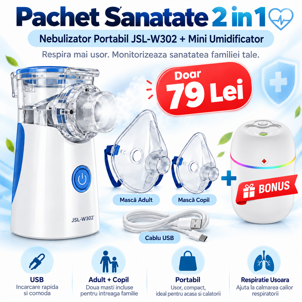 Pachet Sanatate 2 in 1 la Doar 79 Lei – Nebulizator Portabil + Termometru sau Mini Umidificator