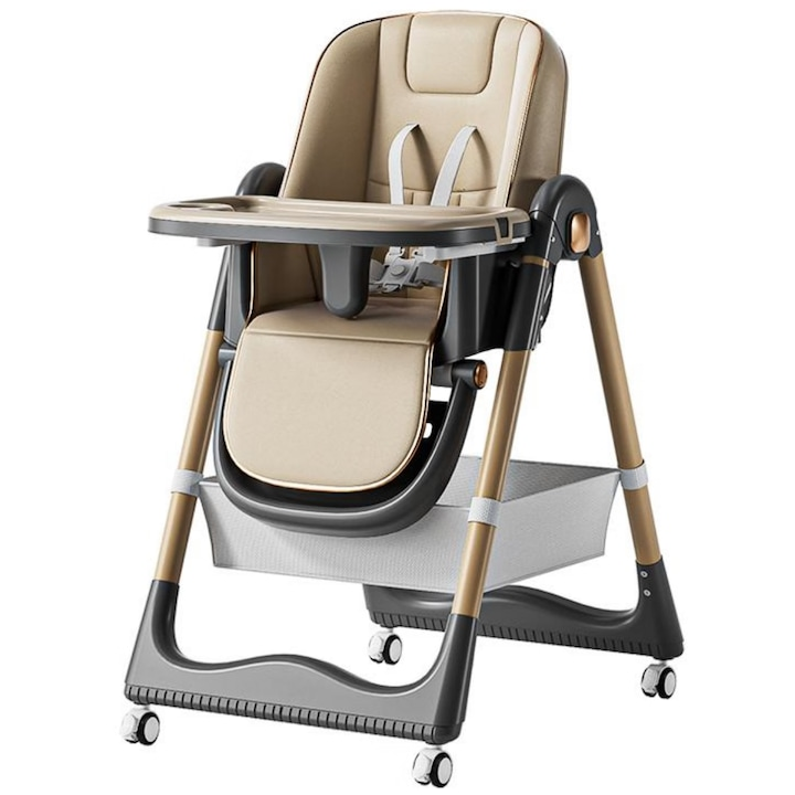 Scaun de Masa Pliabil 3 in 1 pentru Bebelusi, Reglabil, Roti cu Blocare, Centura 5 Puncte, Maro