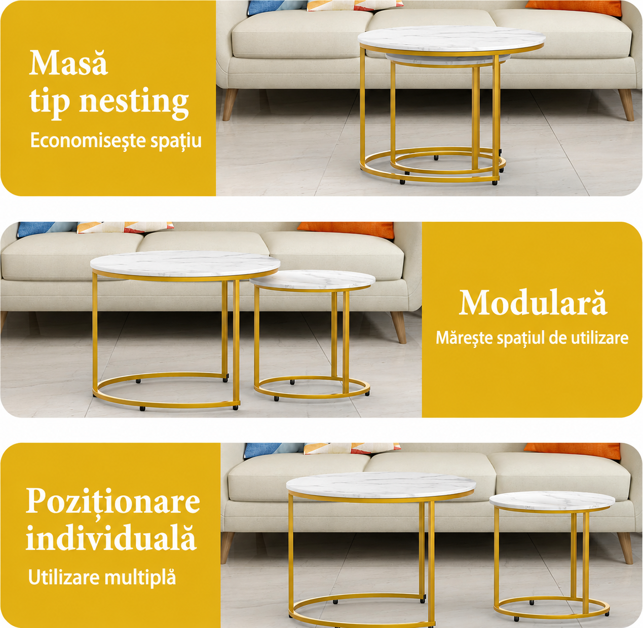 Set 2 Masute Rotunde Elegante – Blat Marmorat Alb si Cadru Auriu pentru Living Modern