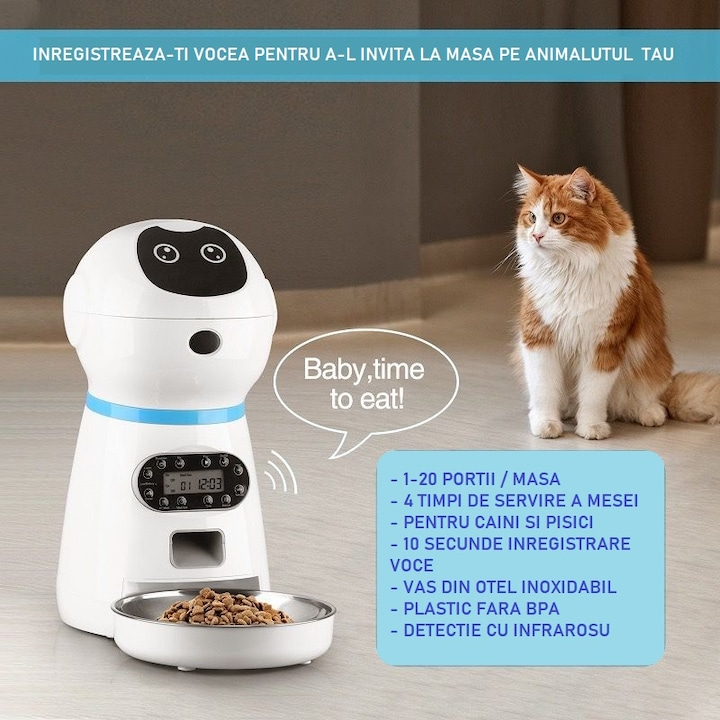 Hranitor Automat pentru Caini si Pisici, 3.5L, Programare 4 Mese, Mesaj Audio, Alb
