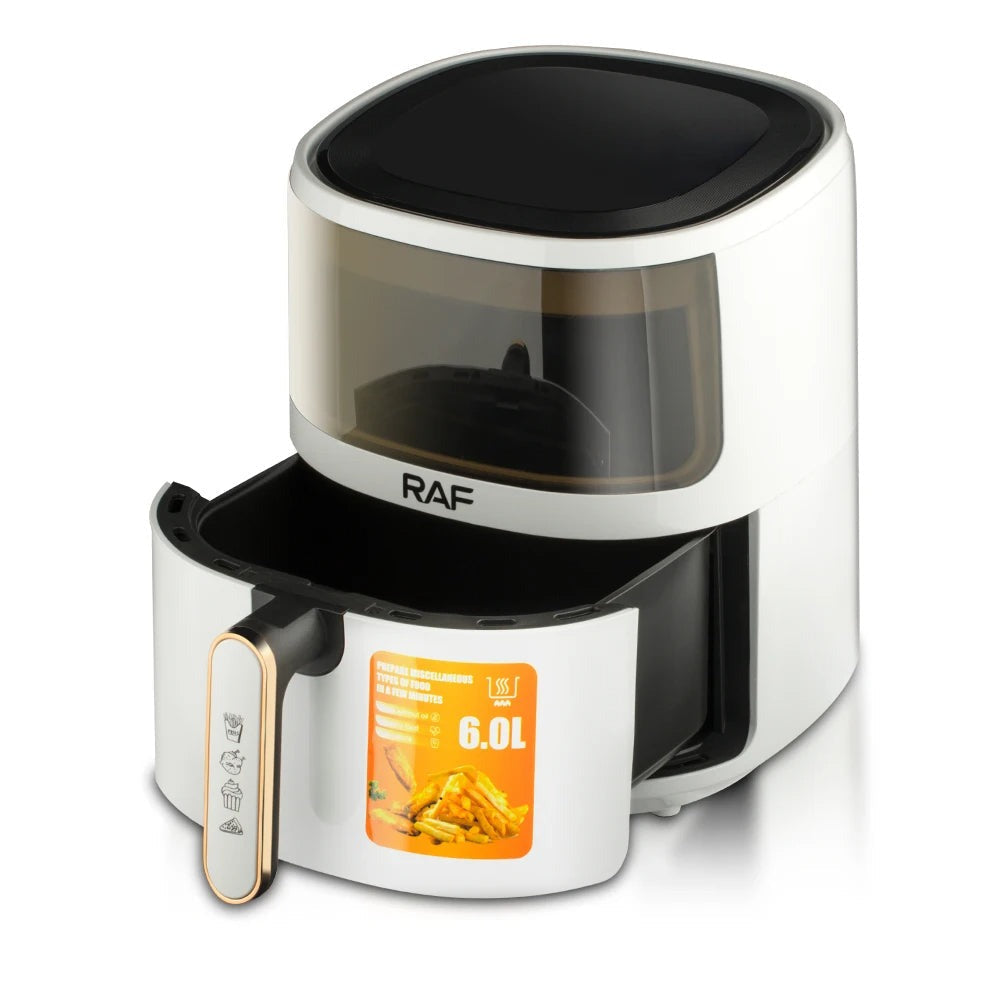 Friteuză cu Aer Cald RAF R.5330W 6L – Airfryer fără ulei, sticlă transparentă, Touch Screen digital - 50 hartii incluse