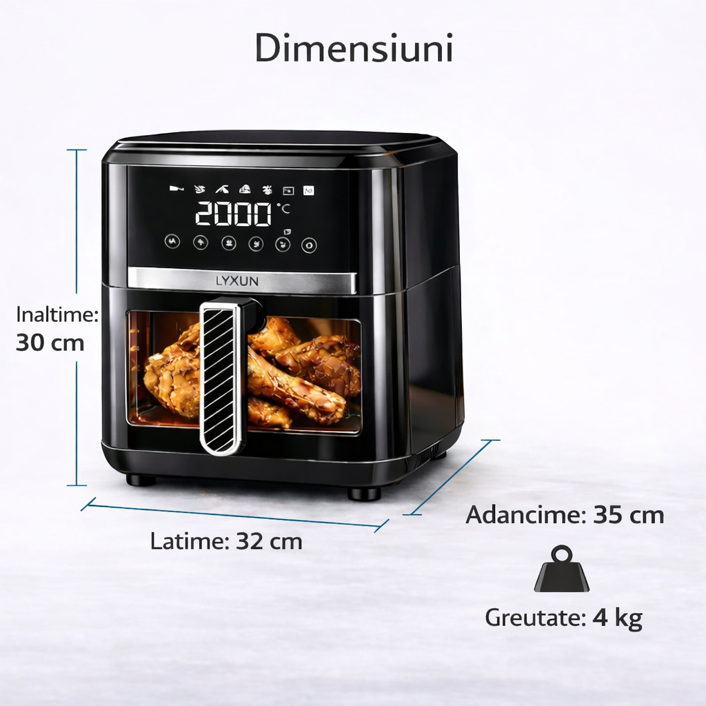 Friteuza cu aer cald LYXUN 6.5L 2000W airfryer digital touch fara ulei sanatos cu accesorii cadou - carte 450 retete in limba romana