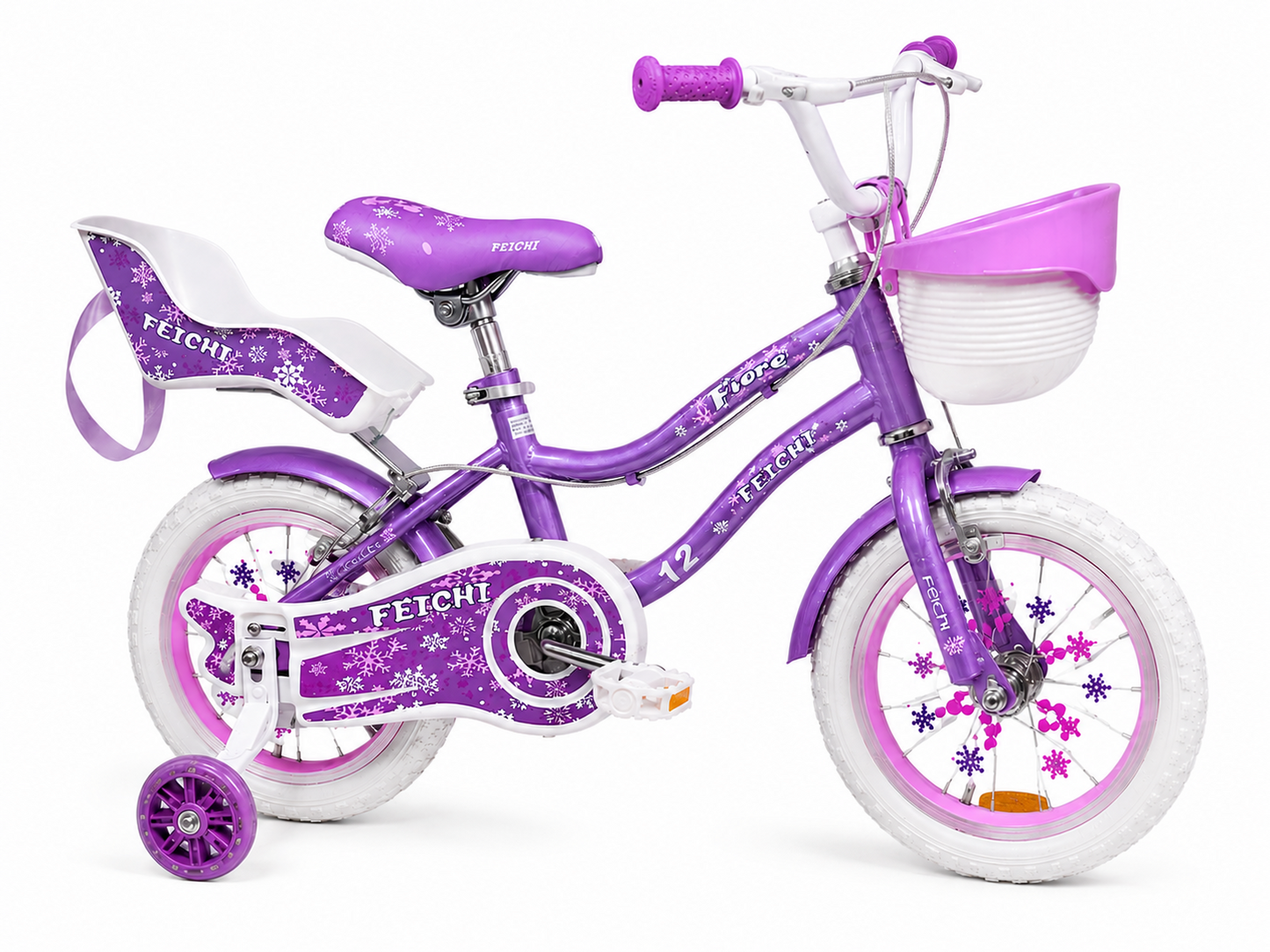 Bicicleta Feichi 16 Inch pentru Fetite – Cosulet, Scaun pentru Papusi, Frane Fata-Spate si Roti Ajutatoare Incluse - 3 culori