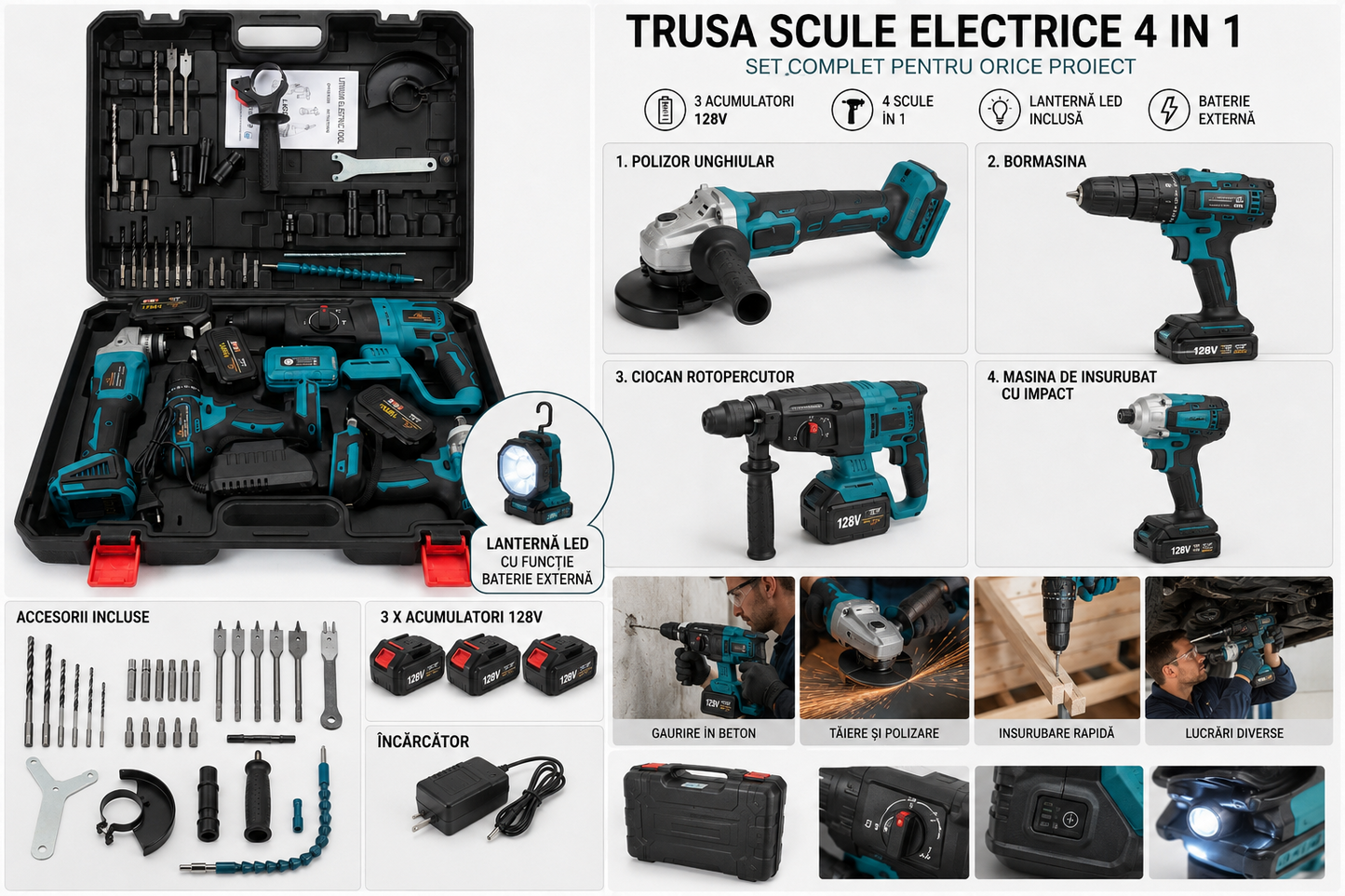 Trusa Scule Electrice 4 in 1, 3 Acumulatori 128V, Flex, Bormasina, Rotopercutor, Impact, Lanterna