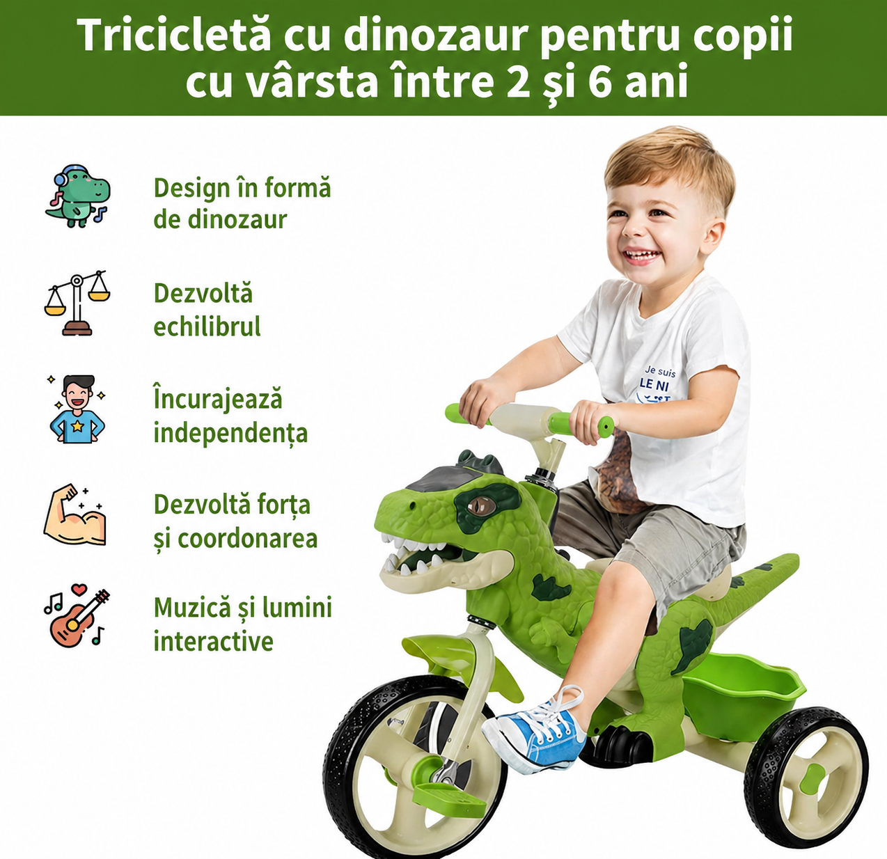 Tricicleta copii dinozaur verde cu muzica cos depozitare roti mari 3+ Roz