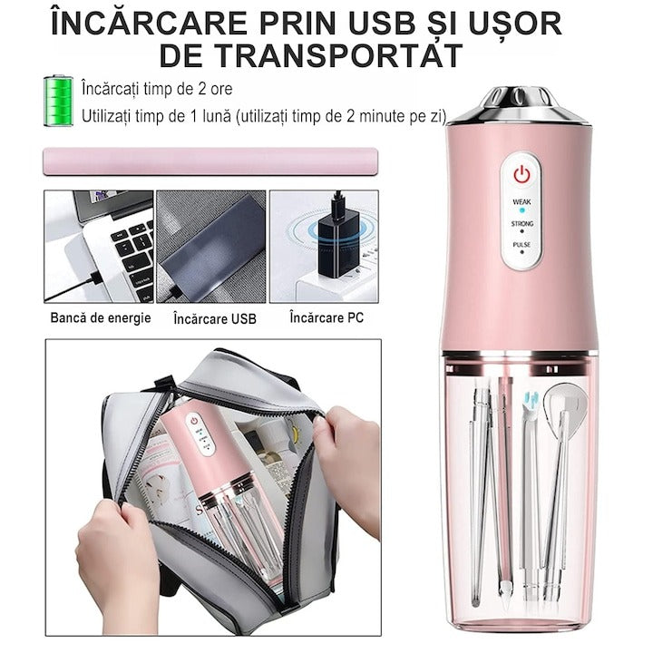 Irigator Oral Electric Portabil 220ml, 3 Moduri, IPX7, 8 Duze, USB