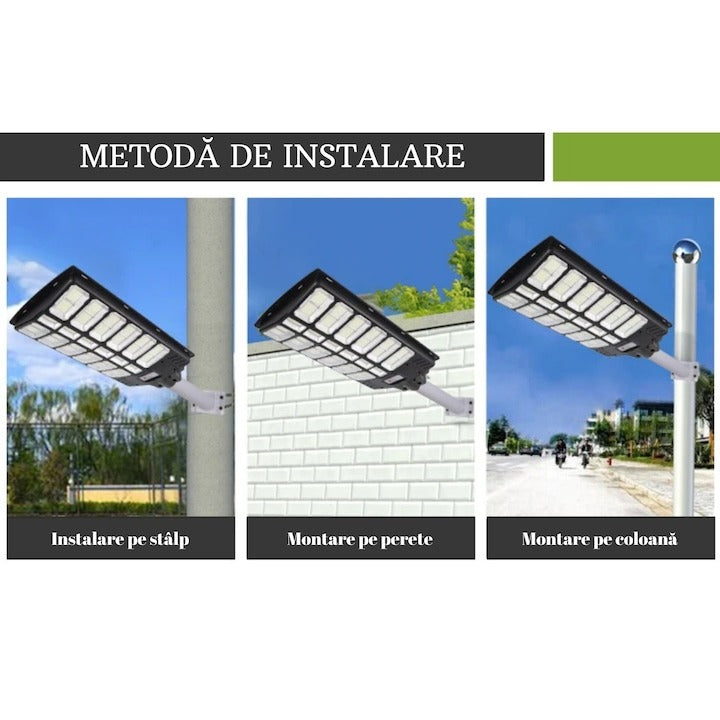 Lampă solară LED stradală 800W cu senzor mișcare, stâlp inclus, IP67, telecomandă