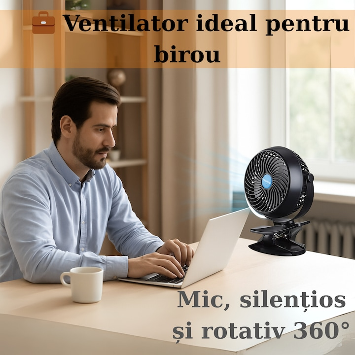 Oferta 1+1 Gratis Ventilator Reincarcabil de Masa cu Clips, USB, 3 Viteze, Rotatie 360°