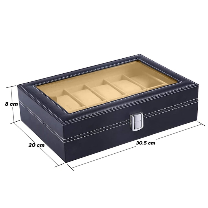 Cutie pentru 12 Ceasuri, Caseta Eleganta Depozitare si Organizare, Piele Ecologica, Capac Transparent