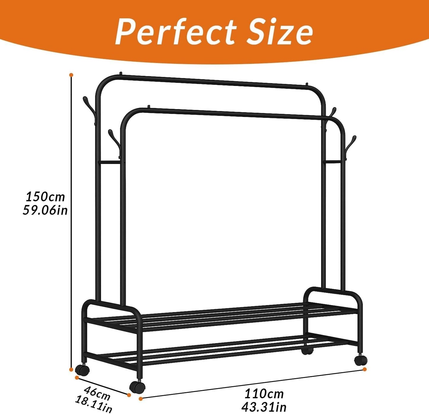 Suport Umerașe/Portant Haine Dublu cu Rafturi – Organizator Metalic 109×57×160 cm, Negru