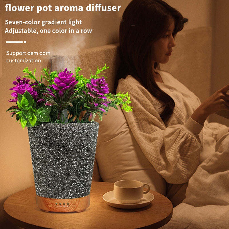 Umidificator/difuzor aroma tip ghiveci – 7 culori LED, programabil, oprire automata