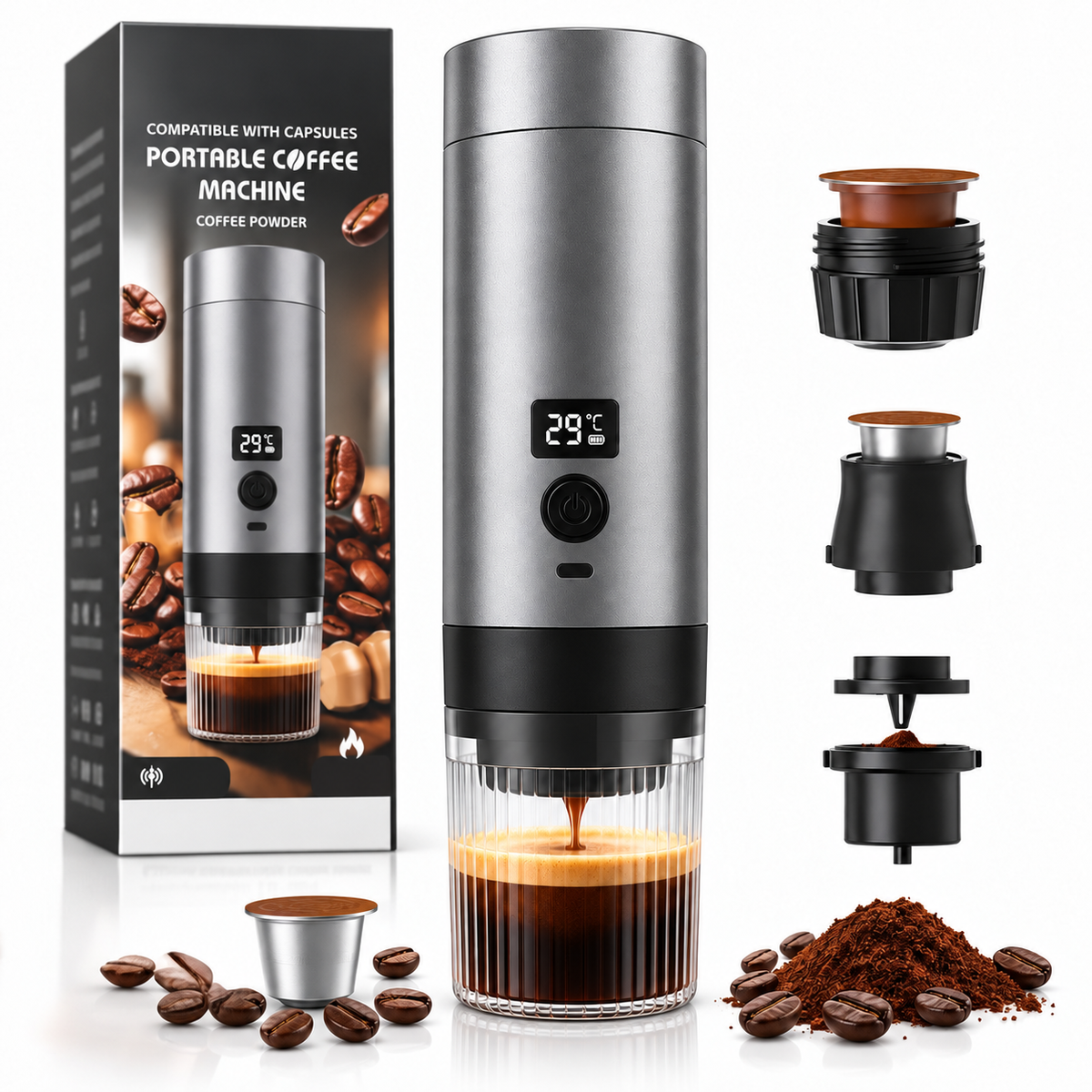 Espressor Portabil 3 in 1, Capsule Nespresso Dolce Gusto si Cafea Macinata, 15-19 Bar, Gri Antracit