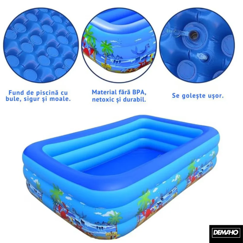 Piscina Gonflabila Familiala DEMAHO 210x135x54 Cm Cu 3 Inele PVC Rezistent