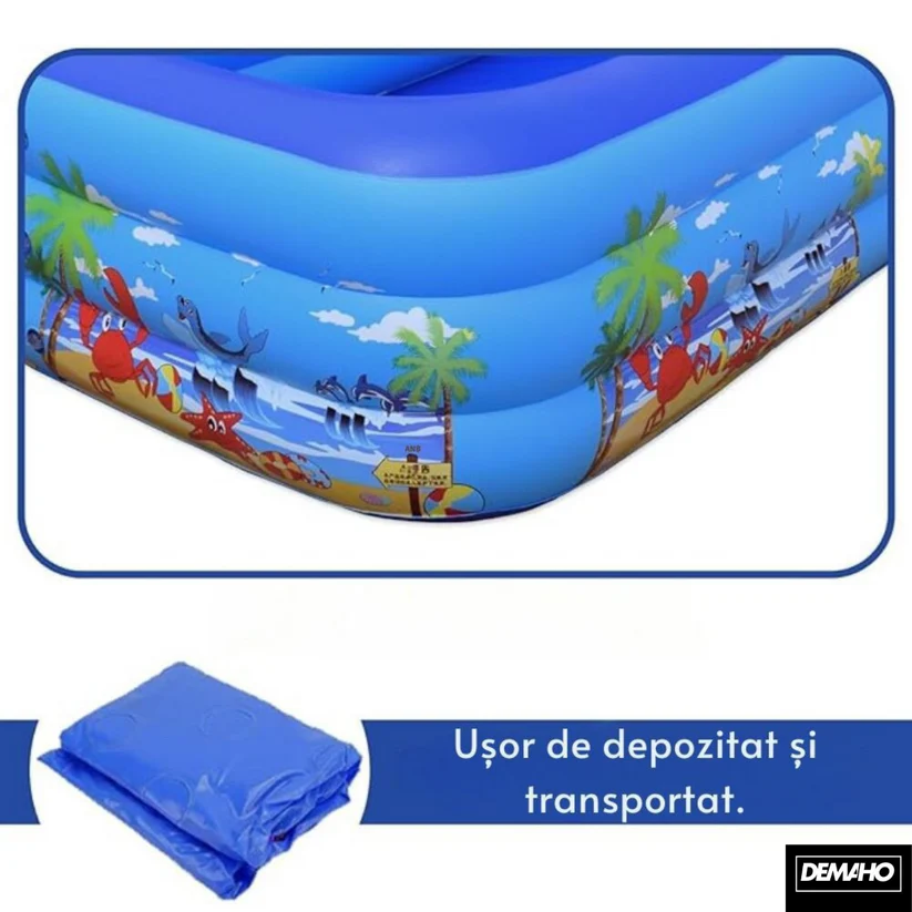Piscina Gonflabila Familiala DEMAHO 210x135x54 Cm Cu 3 Inele PVC Rezistent