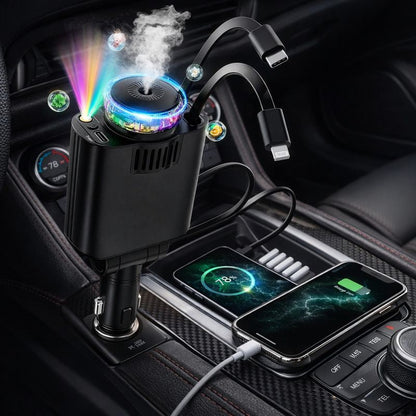 Incarcator Auto Retractabil 5 in 1, 45W PD, Type-C si Lightning, Parfum, Lumina Ambientala