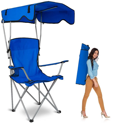Scaun plaja pliabil albastru cu copertina UPF50 suport pahar 150kg camping gradina portabil