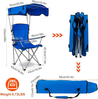Scaun plaja pliabil albastru cu copertina UPF50 suport pahar 150kg camping gradina portabil