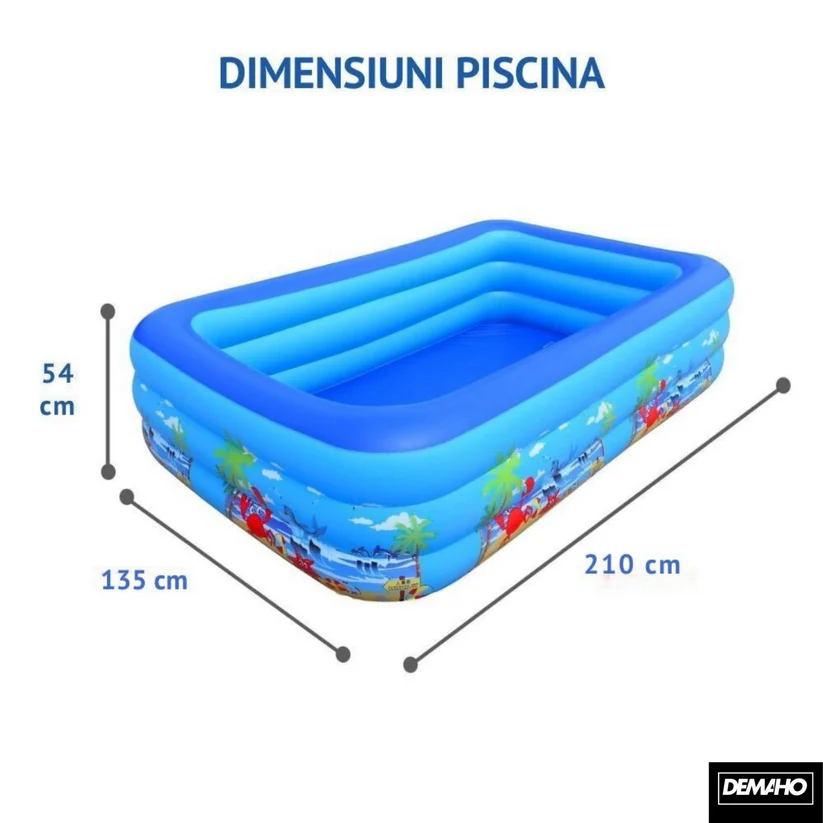 Piscina Gonflabila Familiala DEMAHO 210x135x54 Cm Cu 3 Inele PVC Rezistent