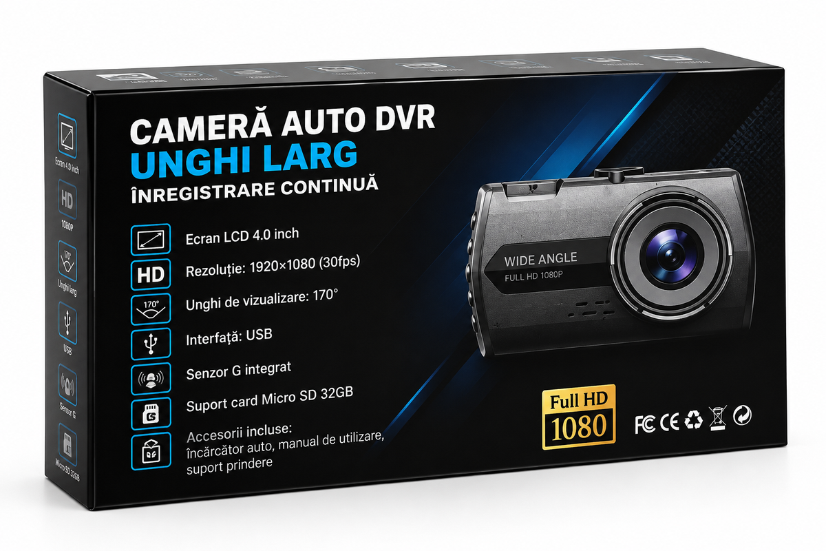 Camera Auto DVR FHD 4 Inch, 1080P, Night Vision, G-Sensor, Unghi 170 Grade