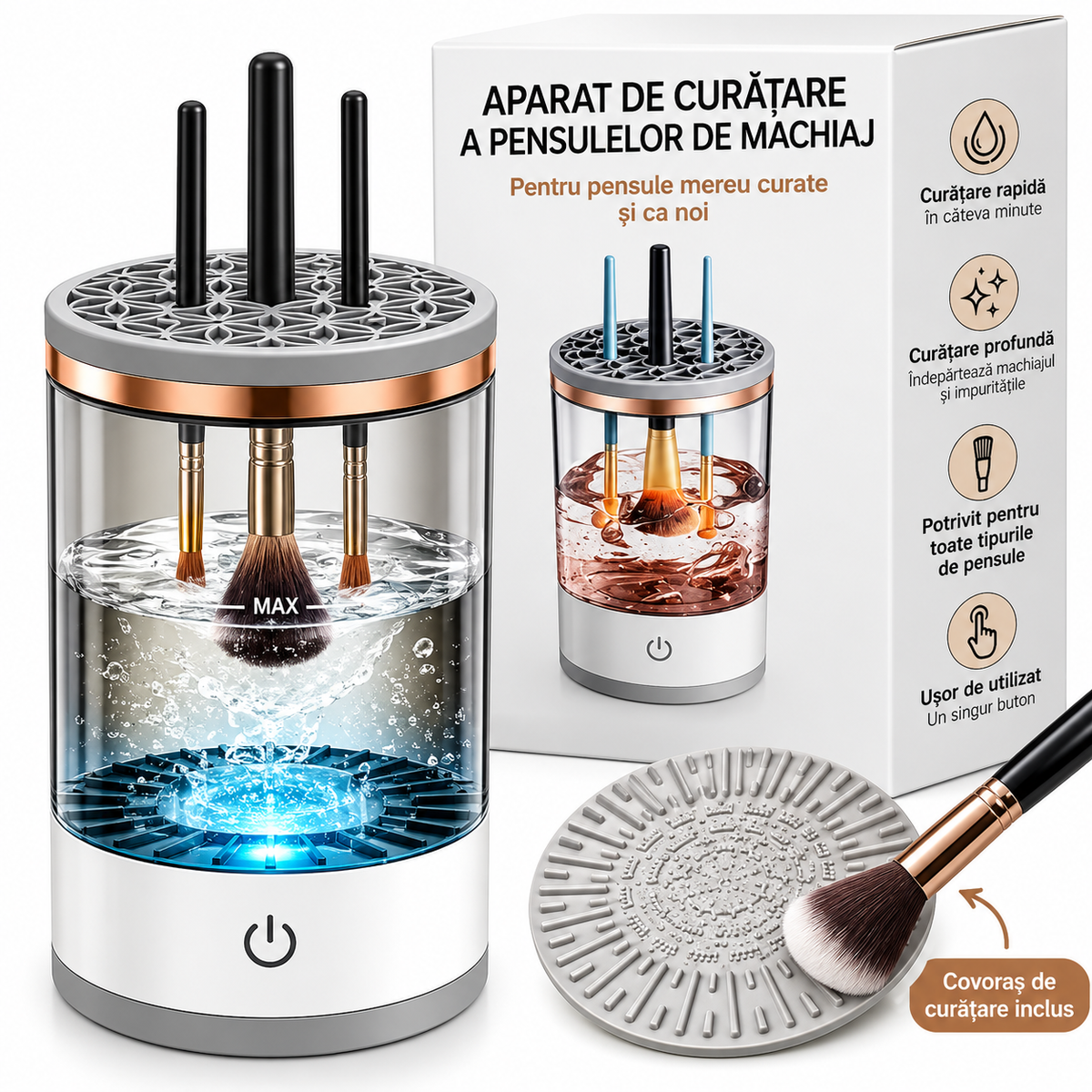 Aparat Curatat Pensule Machiaj 2 in 1, Spalare si Uscare Rapida, USB, 7000 RPM