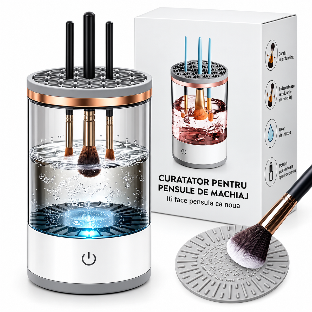 Aparat Curatat Pensule Machiaj 2 in 1, Spalare si Uscare Rapida, USB, 7000 RPM