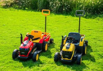 Tractor electric copii 12V cu remorca telecomanda lumini LED muzica 2 viteze rosu