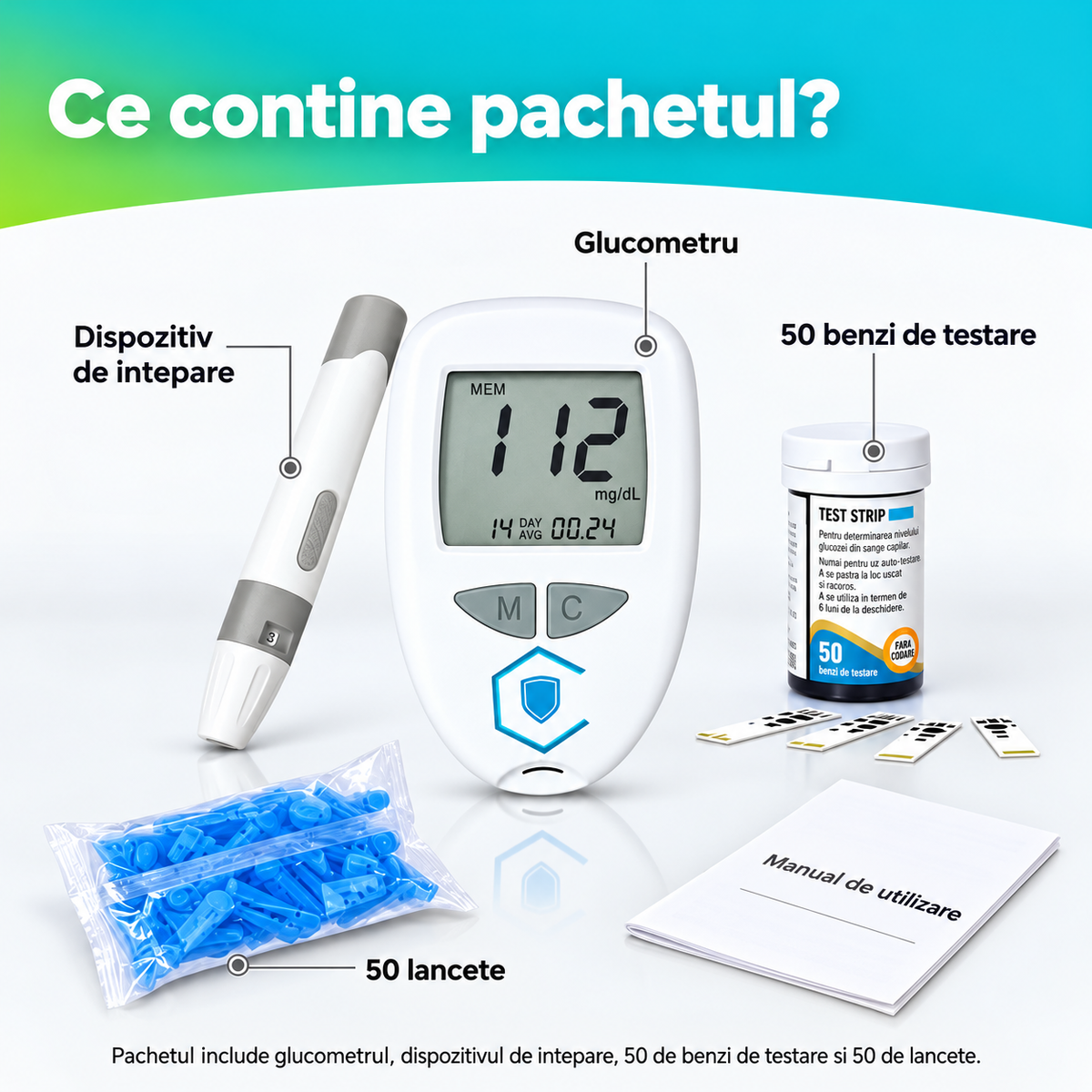 Glucometru Digital Kit Complet, 50 Teste, 50 Lancete, Ecran Mare, Monitorizare Glicemie Acasa
