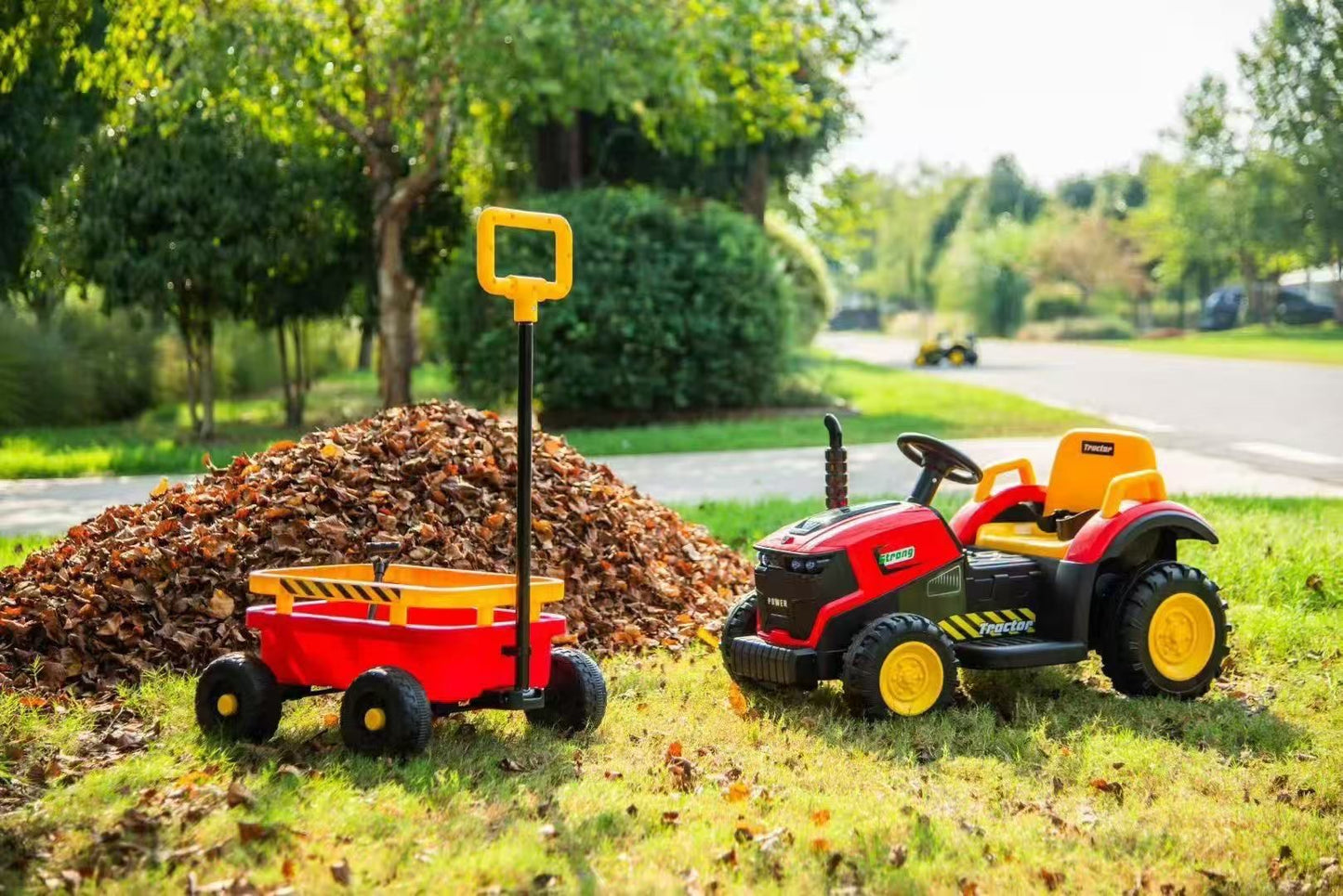 Tractor electric copii 12V cu remorca telecomanda lumini LED muzica 2 viteze rosu