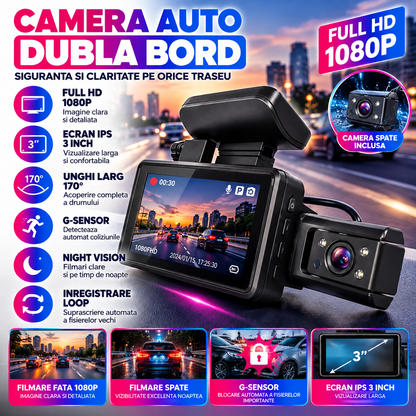 Camera Auto Dubla Bord 1080P HD, Ecran IPS 3 Inch, G-Sensor, Night Vision