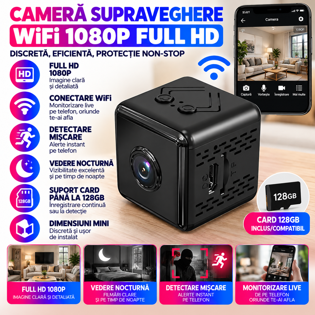 Camera Supraveghere WiFi 1080P Full HD, Vedere Nocturna, Detectare Miscare, Card 128GB