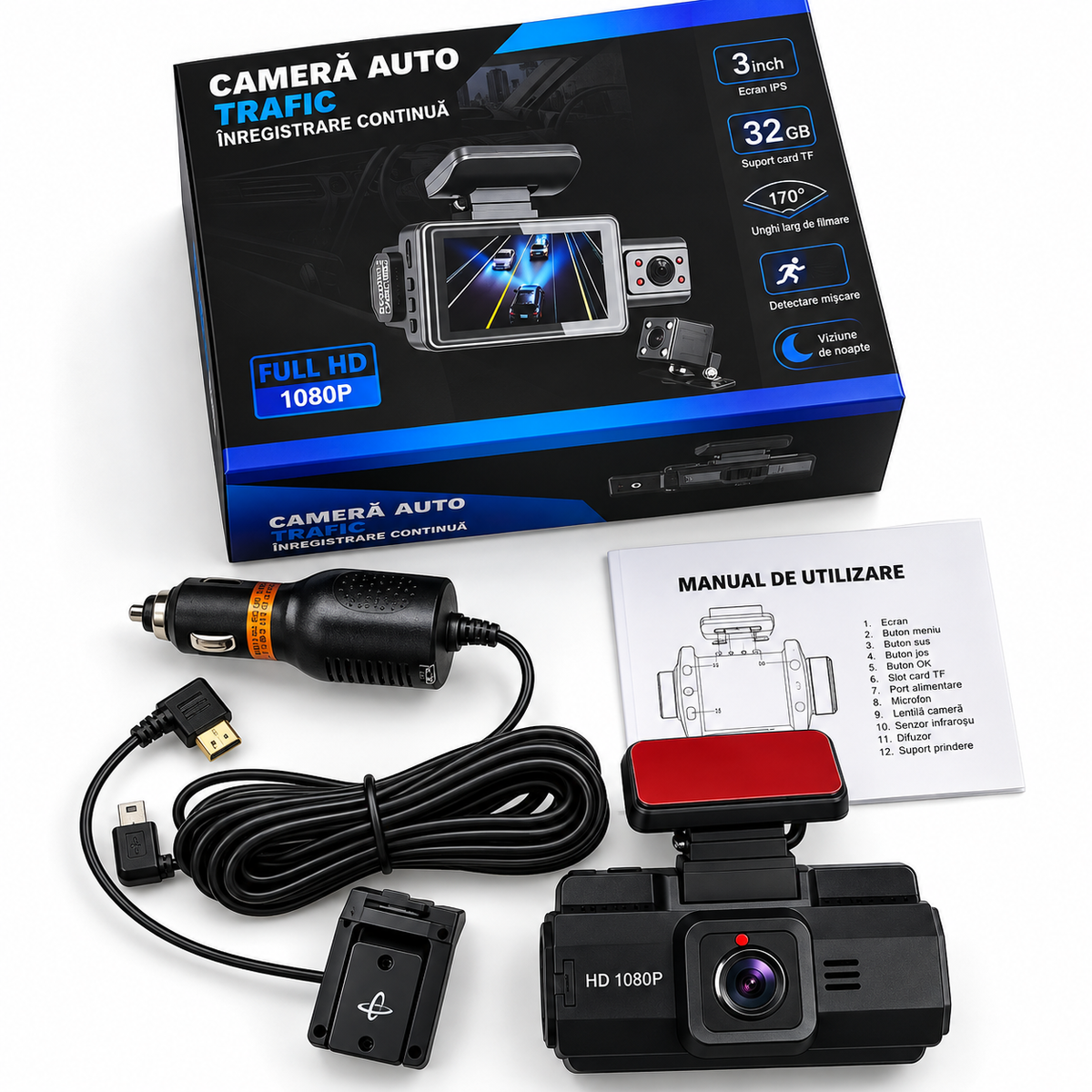 Camera Auto Dubla Bord 1080P HD, Ecran IPS 3 Inch, G-Sensor, Night Vision