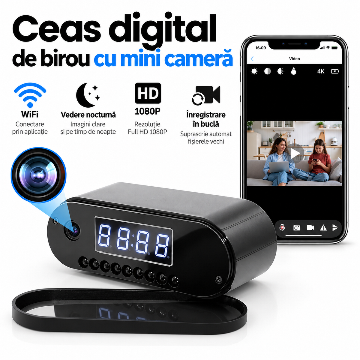 Mini Camera Ceas Spion iUni IP07 – Monitorizare Full HD, Live pe Telefon si Vedere Nocturna