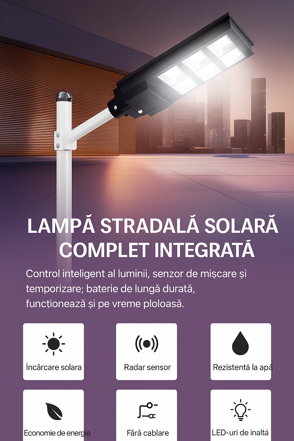 Lampa Stradală Solară 800W Dublă, 640 LED-uri, Telecomandă, IP65, 24000mAh