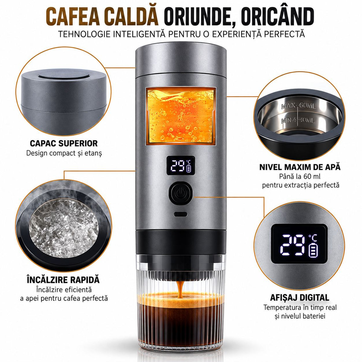 Espressor Portabil 3 in 1, Capsule Nespresso Dolce Gusto si Cafea Macinata, 15-19 Bar, Gri Antracit