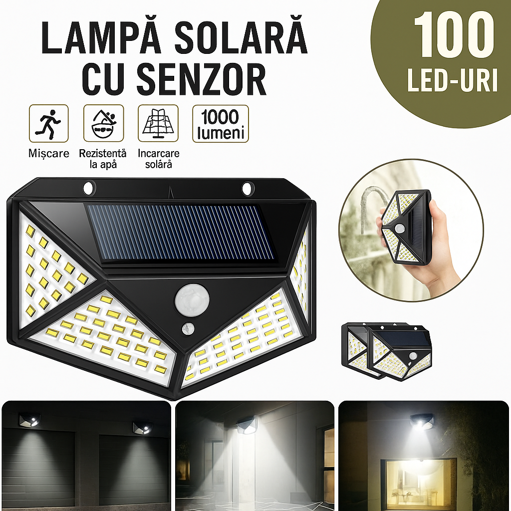 Set 5 Lămpi Solare 100 LED, Model Nou, 1800mAh, Senzor Mișcare & Lumină, IP65