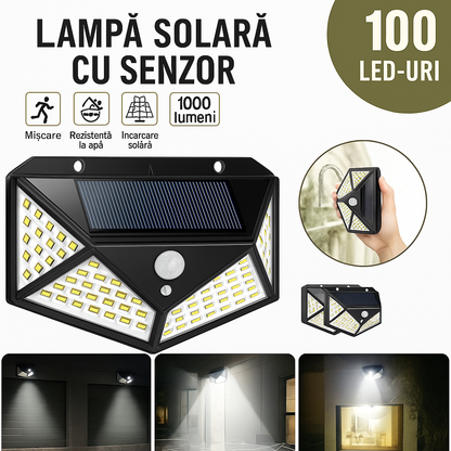 Set 5 Lămpi Solare 100 LED, Model Nou, 1800mAh, Senzor Mișcare & Lumină, IP65