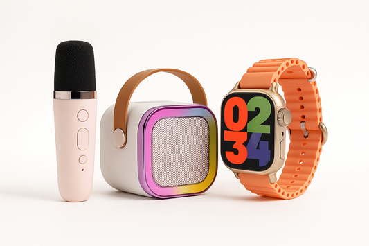 Set Smart 7 în 1 K12 – Smartwatch AMOLED, boxă Bluetooth, microfon karaoke & accesorii cadou