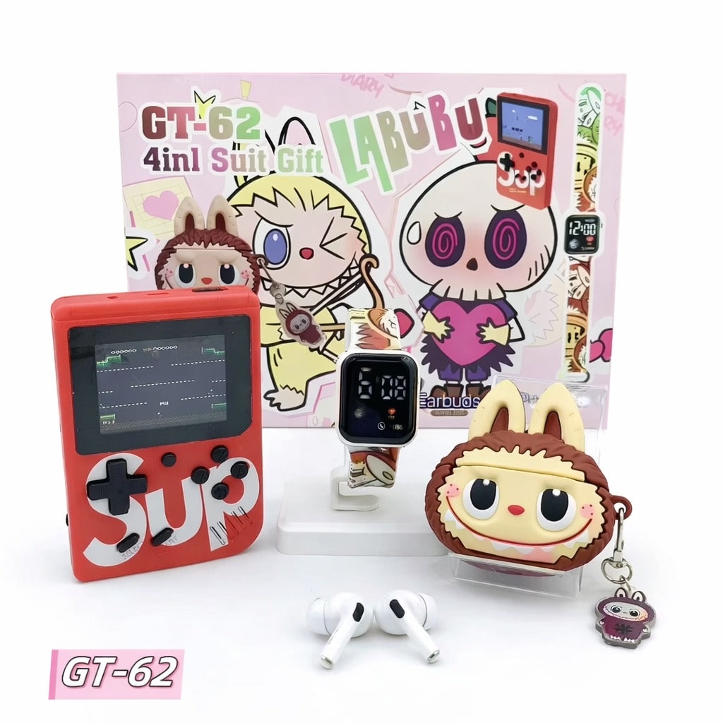 Combo "LABUBU" Copii Mini Consolă Portabilă + Smartwatch Bluetooth + Căști Wireless Airpods – Distracție, Muzică și Jocuri Oriunde