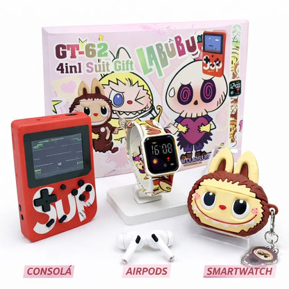 Combo "LABUBU" Copii Mini Consolă Portabilă + Smartwatch Bluetooth + Căști Wireless Airpods – Distracție, Muzică și Jocuri Oriunde