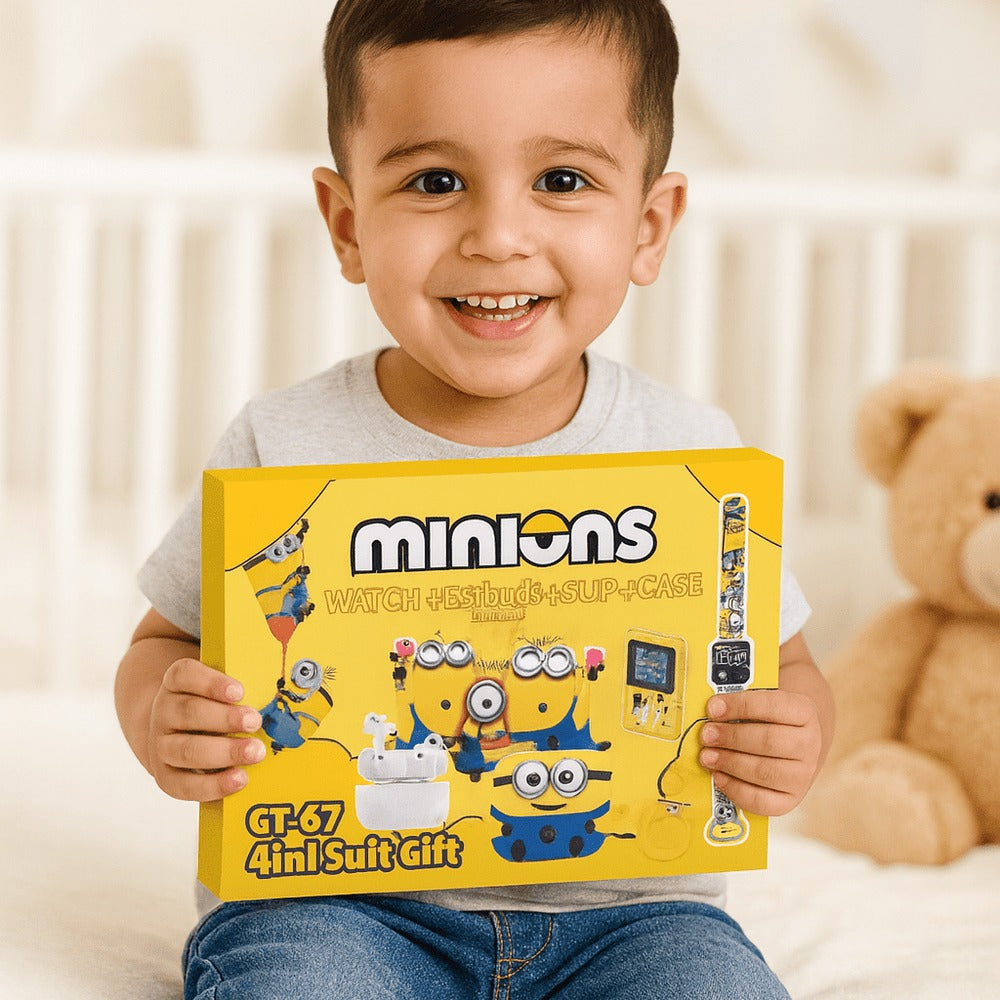 Combo "MINIONS" Copii Mini Consolă Portabilă + Smartwatch Bluetooth + Căști Wireless Airpods – Distracție, Muzică și Jocuri Oriunde