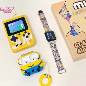 Combo "MINIONS" Copii Mini Consolă Portabilă + Smartwatch Bluetooth + Căști Wireless Airpods – Distracție, Muzică și Jocuri Oriunde